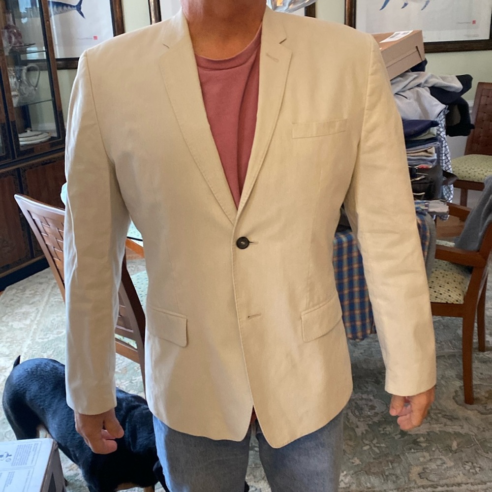 Men’s 42R casual blazer, cream with tan stripes, very good condition